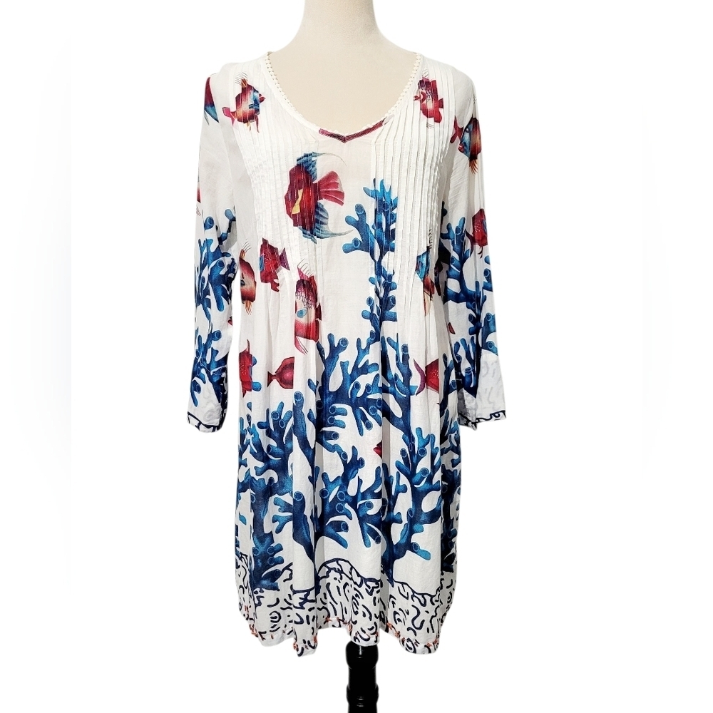 Soft Surroundings Oversized XS 100% Cotton Tunic Blouse Fish Coral Print Woman - Picture 2 of 13